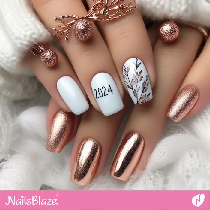 Luxury New Year's Rose Gold and White Nails | 2024 Nails - NB3779